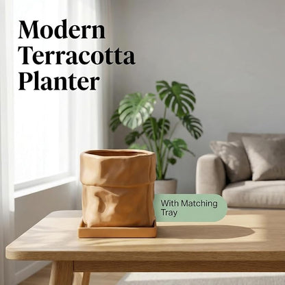 Nihow 6 Inch Ceramic Plant Pot with Drainage & Square Saucer, Terracotta | Bag Shape Design,Indoor & Outdoor,Living room/Office/Bedroom/Windowsill/Tabletop,Plant Lovers/Gardeners/Beginners
