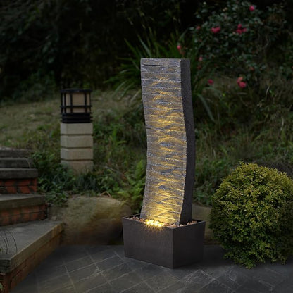 Curved Outdoor Waterfall Fountain, 36.2" Elegant Outdoor Water Fountain with LED Lights for Patio, Garden, Backyard, Modern Large Relaxing Water Feature (24382)