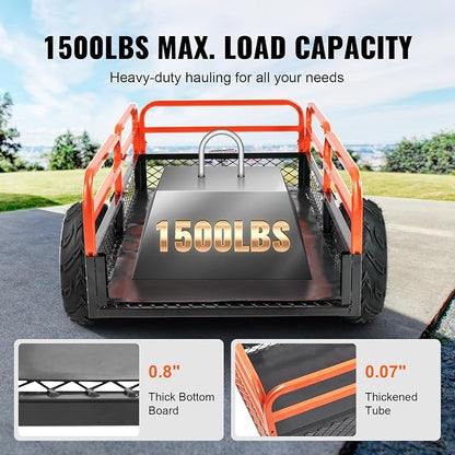 VEVOR ATV UTV Trailer Tow Behind Dump Cart | 1500lbs Capacity, 15 Cubic Feet, Heavy Duty, For Lawn Mower Tractor, Yard Garden Use