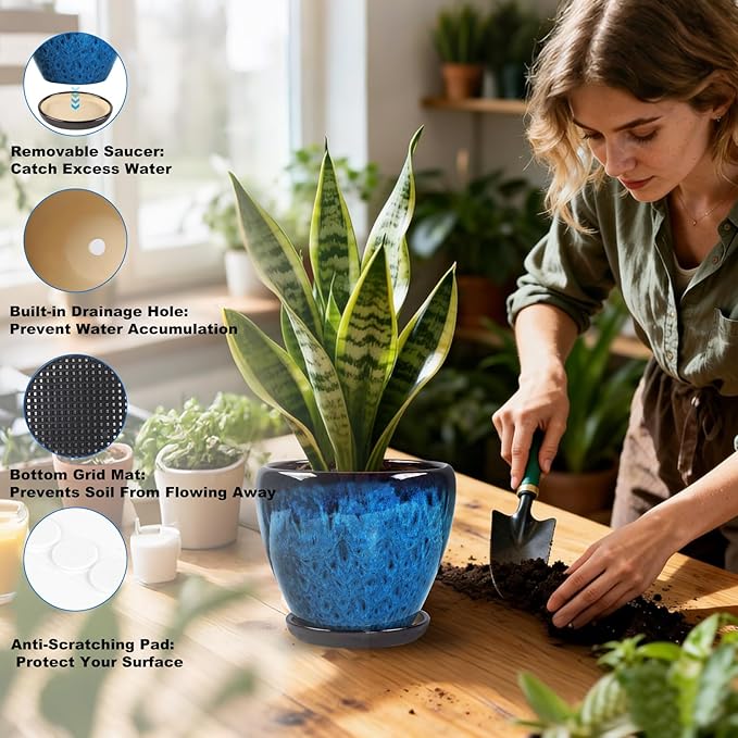 Ceramic Plant Pots with Saucer, 6 inch Glaze Planters for Indoor Plants with Drainage Holes, Decorative Small Flower Pots Outdoor, Modern Succulent Pots for Home Room Decor