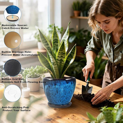 Ceramic Plant Pots with Saucer, 6 inch Glaze Planters for Indoor Plants with Drainage Holes, Decorative Small Flower Pots Outdoor, Modern Succulent Pots for Home Room Decor