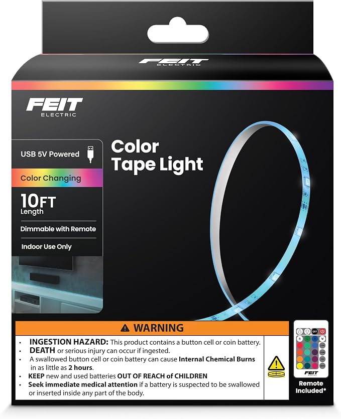 Feit Electric 10ft Color LED Tape Light, Dimmable, RGB Color with Remote Control, Cut-to-Fit Design, 5V USB-Powered Display Lighting, Indoor Use Only, 25,000-Hour Lifetime, TAPE120/RGB/USB
