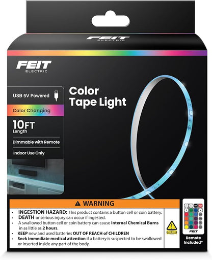 Feit Electric 10ft Color LED Tape Light, Dimmable, RGB Color with Remote Control, Cut-to-Fit Design, 5V USB-Powered Display Lighting, Indoor Use Only, 25,000-Hour Lifetime, TAPE120/RGB/USB