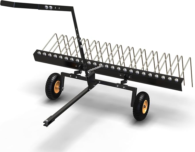 60-Inch Tow-Behind Landscape Rake, Heavy-Duty Steel Dethatcher & Pine Straw Rake for ATV, UTV, and Garden Tractors