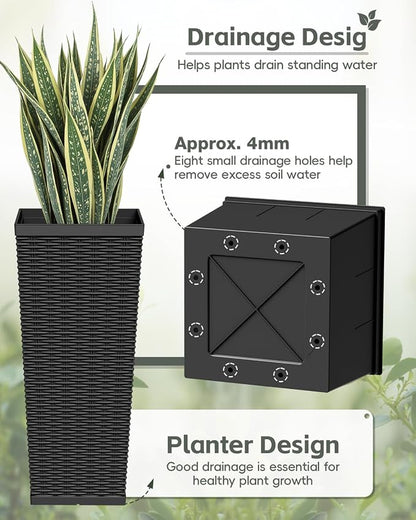 Greesum 30 Inch Tall Plastic Planters with Rattan Texture – Set of 2, Detachable Inner Pot & Drainage Holes, Indoor/Outdoor Decorative Flower Pots for Large Plants, Trees, Patio, and Garden, Black