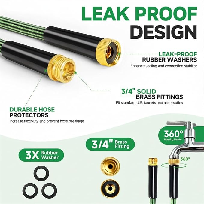 Garden Hose 100FT Non-Expandable Water Hose Flexible Kink-Free Lightweight Leak-Proof Sturdy Outdoor Hose Water Pipe for Garden Yard Lawn Camper 3/4 Inch Fittings with Spray Nozzle