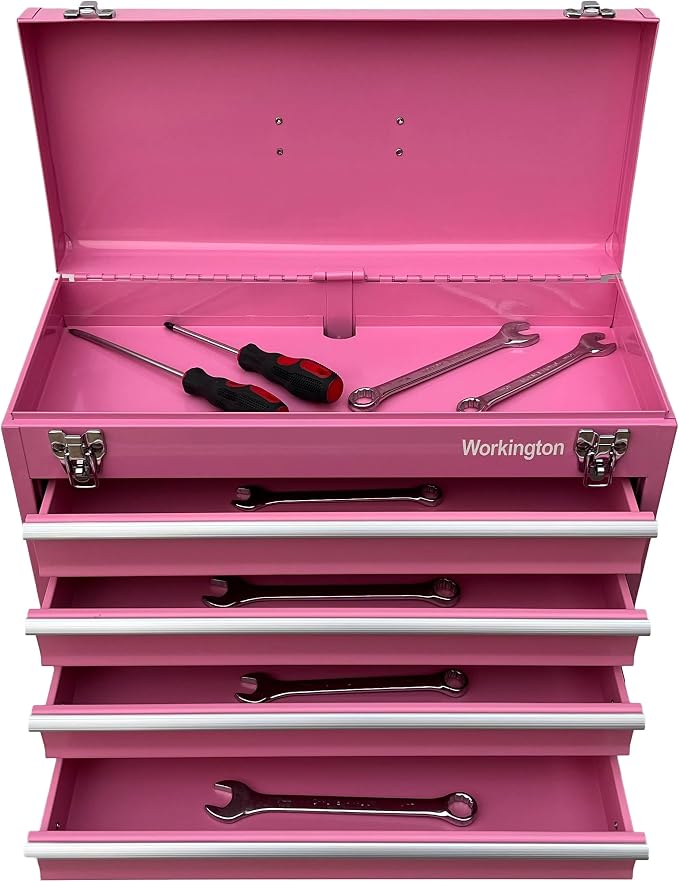 Workington Portable Metal Tool Chest with 4 Drawers, 20" 4-Drawer Tool Chest Cabinet with Ball Bearing Drawer Slides, Steel Tool Storage Box Organizer 4004 Pink
