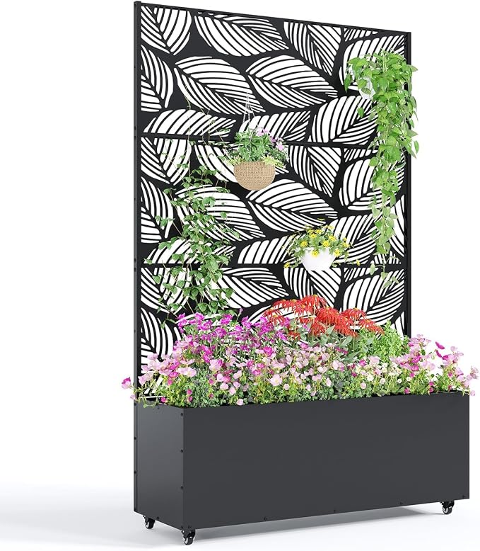 GarveeLife Metal Planter Box with Trellis and Wheels, 71"x47"x16" Raised Garden Bed for Climbing Plants, Vegetables, Vines, Privacy Planters for Patio with Drainage Holes, 15.7" Deep Planting Bed