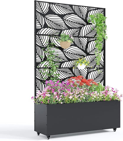 GarveeLife Metal Planter Box with Trellis and Wheels, 71"x47"x16" Raised Garden Bed for Climbing Plants, Vegetables, Vines, Privacy Planters for Patio with Drainage Holes, 15.7" Deep Planting Bed