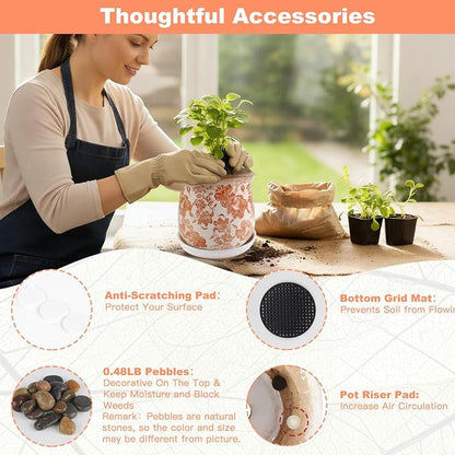 Ceramic-Planters-for-Indoor-Plants with Saucer, 6 inch Vintage Ice Crackle Glaze Plant Pots with Drainage Holes, Decorative Flower Pots for Outdoor Garden Home Decor, Tuscan Pot for Plant