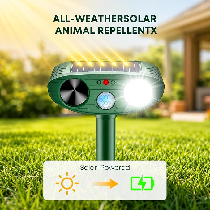 2026 Upgraded Solar Ultrasonic Animal Repeller Outdoor, Sonic Fortress Pro Deer Repellent with Motion, Waterproof,Cat Deterrent for Garden Yard, Squirrel Raccoon Skunk Rabbit Dog Bird (Green, 4-Pack)