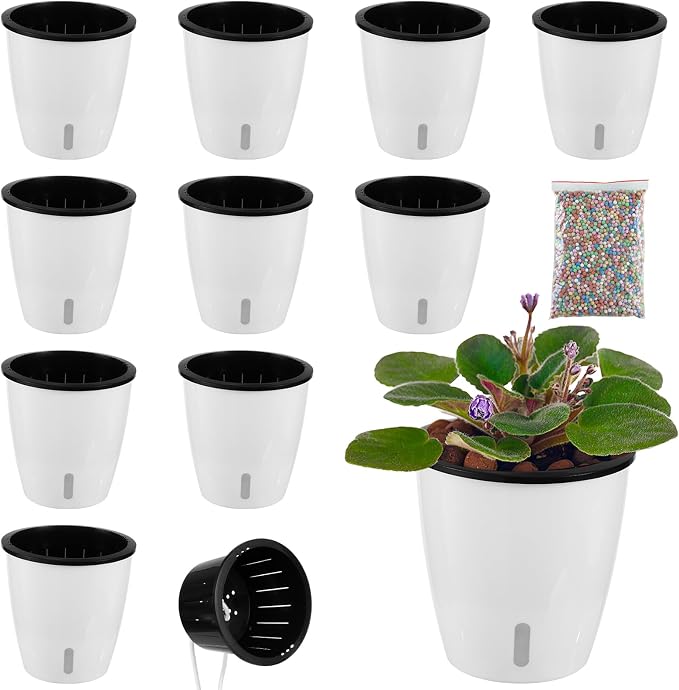Planterhoma 5 Inch Self Watering Pots for Indoor Plants, 10 Packs African Violet Pots with Indicator, Black Wick Pot with Drainage Holes, Self Watering Planters for Orchid, Devil's Ivy, White