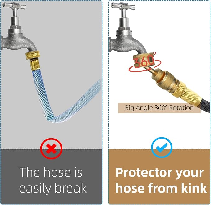Swivel All-Metal Garden Hose Adapter, Solid Brass 3/4" Pipe Quick Connector | Male Female Flexible Pipe Kink Protector, Easy to Connect and Lock, Connect Outdoor Faucet to Garden Hose