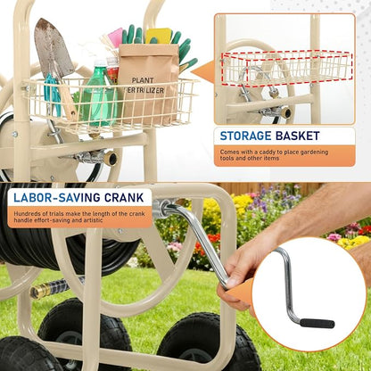FDW Garden Hose Reel Cart, Water Hose Cart with 4 Wheels, Hold Up to 300 ft of 5/8’’ Hose，Heavy Duty Powder-Coated Steel Planting with Storage Basket, for Garden, Yard and Lawn
