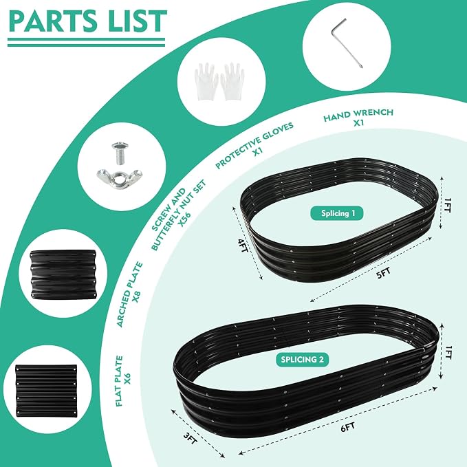 YSEJOMP 12" Tall Oval-Shaped/Elliptic Metal Raised Garden Bed Outdoor Black | 72X36X12 Inch,1 FT Tall,0.8MM Thick Galvanized Metal Painted,for Variety of Flowers,Herbs,Vegetables.with Gloves,Tool free