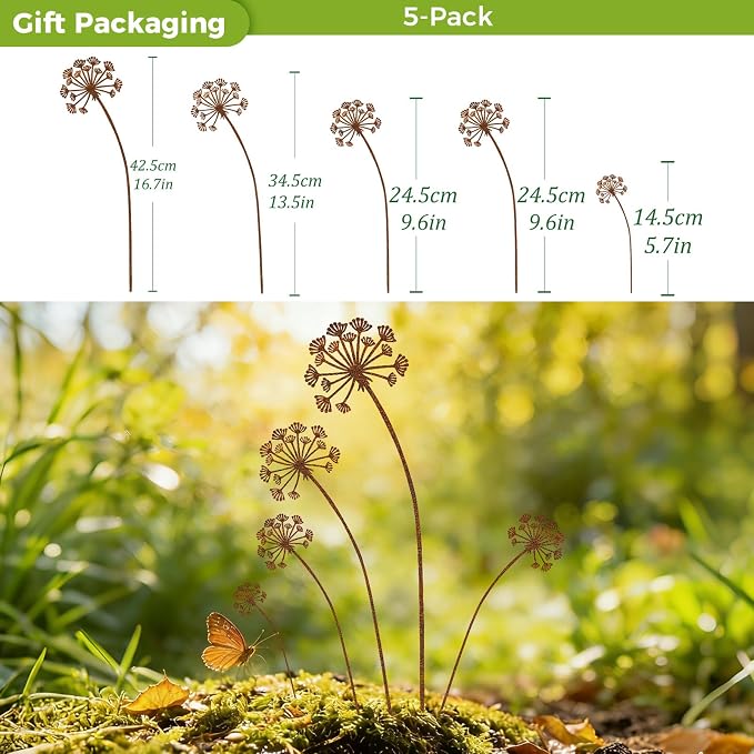 KODIBO 5-Pack Metal Yard Stakes, Rustic Dandelion Outdoor Yard Art Decor | Weather-Resistant Metal, Antique Rust Finish, Dandelion Design, For Lawn Border Planters Patio Lawn & Front Yard Landscaping