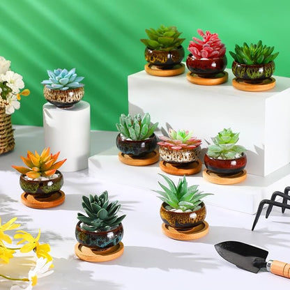 48 Pcs Ceramic Succulent Pots 2.5 Inch Small Plant Pots Indoor with Drainage and Bamboo Saucers Colorful Succulent Flower Planters for Garden Plants Home Decor
