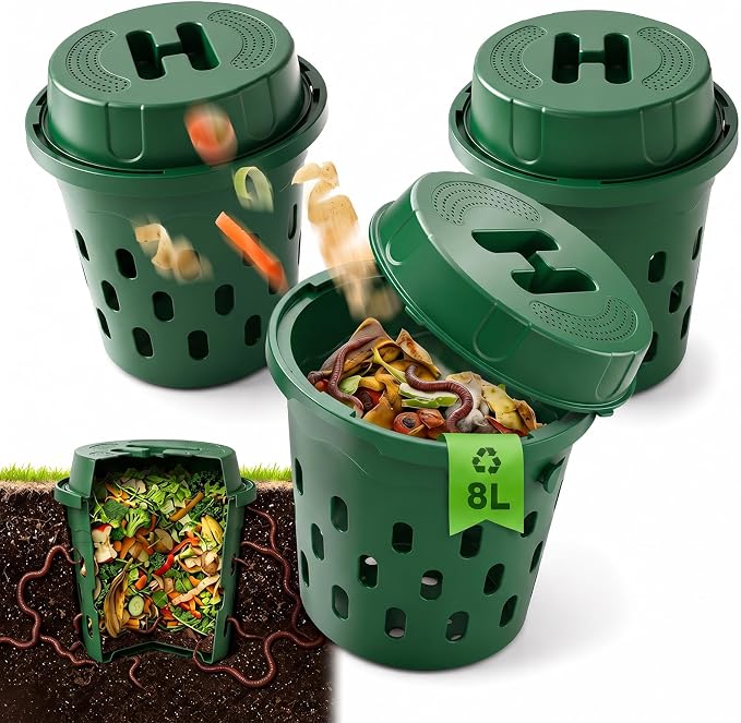 3Pcs 8L Inground Worm Farm Garden Compost Bin for Kitchen Scraps | Worm Bin 9.5X9.5X10.8in, Worm Compost Bin With Lid & Holes, Worm Composter Outdoor For Beginners, Worm Tower For Home, Green