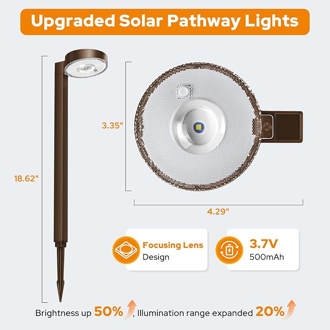APONUO 12 Pack Solar Pathway Lights Outdoor, 3 Color Temperatures Selectable CCT, Focused Ground Spot Lens, Brighter Up to 12 Hrs IP65 Waterproof Path Lights for Walkway Driveway Yard Garden(Brown)