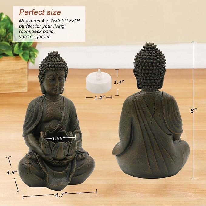 Goodeco Meditation Small Buddha Statue Figurine -Buddha with LED Tea Lights Candle Holder,Gift idea,Zen Home Decor Meditation Accessories 8"