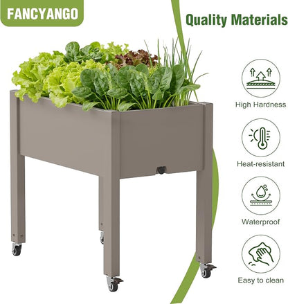 Fancyango Raised Garden Bed with Wheels 26.3" H -Gray | Resin Elevated Garden Planter Box with Drainage, Outdoor Planter Box for Veggies Herbs Patio Balcony Backyard