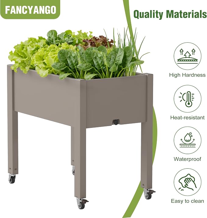 Fancyango Raised Garden Bed with Wheels 26.3" Hx2 -Gray | Resin Elevated Garden Planter Box with Drainage, Outdoor Planter Box for Veggies Herbs Patio Balcony Backyard