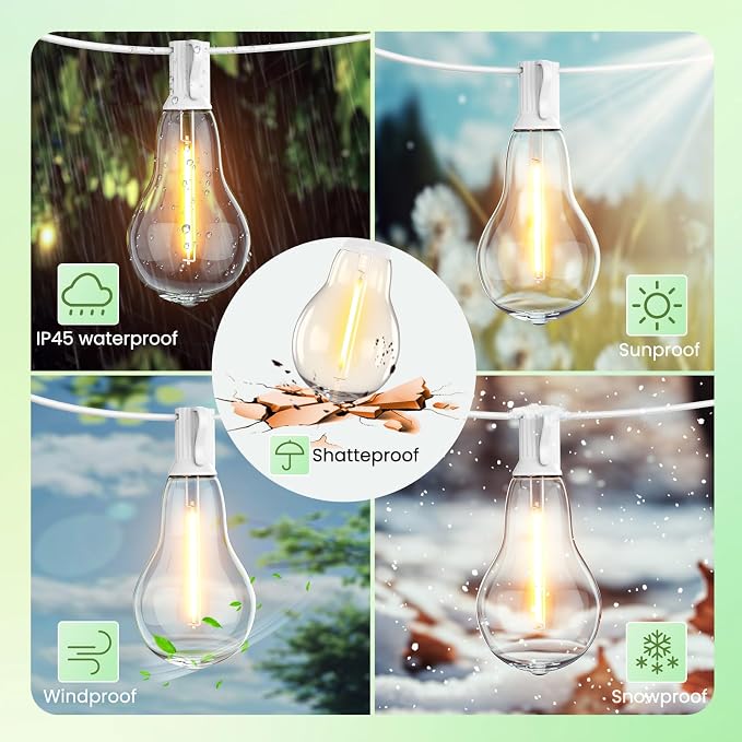String Lights for Outside 200FT Patio Lights, LED String Light with 100+6(Spare) Waterproof Edison Bulbs, Hanging White Outdoor Light for Backyard, Bistro, Porch, Balcony White Cord