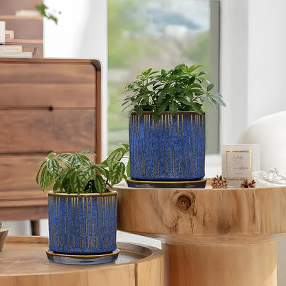 GnFlus Ceramic Plant Pots with Drainage Holes, Set of 2, 4.3+5.1 Inch Stripe Garden Planter Pots for Outdoor Indoor Plants Flower, Round Succulent Orchid Flower Pot Blue