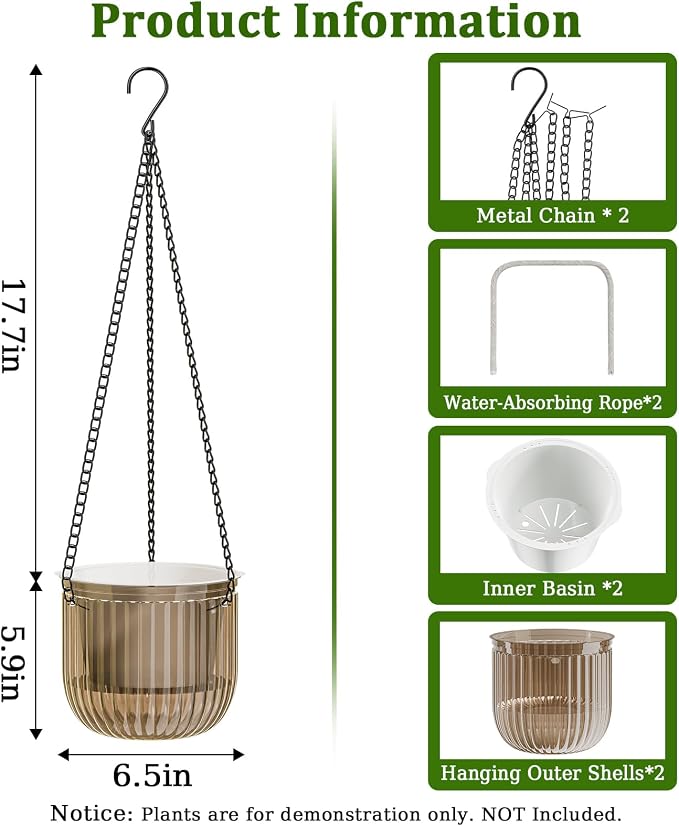 Halatool 2 Pack 6.5 Inch Self-Watering Hanging Planters for Indoor Plants, Outdoor Flower Pots with 2 Metal Chains, Visible Water Level Indicator & Drainage Holes for Wall, Garden, Home (Starry Gray)