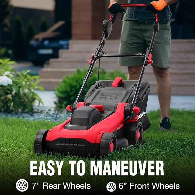 PowerSmart Corded Electric Lawn Mower, 14 Inch, 12.5 Amp, Ergonomic Handle | Large Capacity Grass Catcher, Reliable Motor, 6-Position Height Adjustment, 2-in-1 Mulch & Bag