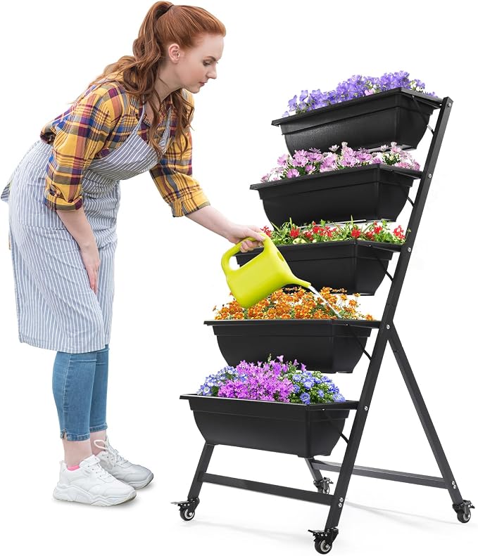 Outvita 4.4 FT Vertical Garden Bed Removable 5 Tier Elevated with 4 Wheels | Vertical Raised Planter, Black Raised Bed Box, Movable Vegetable Flower Planter for Patio Yard Indoor Outdoor