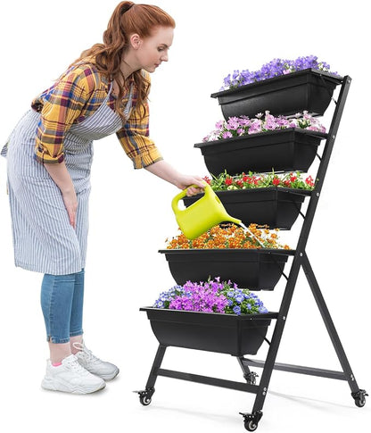 Outvita 4.4 FT Vertical Garden Bed Removable 5 Tier Elevated with 4 Wheels | Vertical Raised Planter, Black Raised Bed Box, Movable Vegetable Flower Planter for Patio Yard Indoor Outdoor