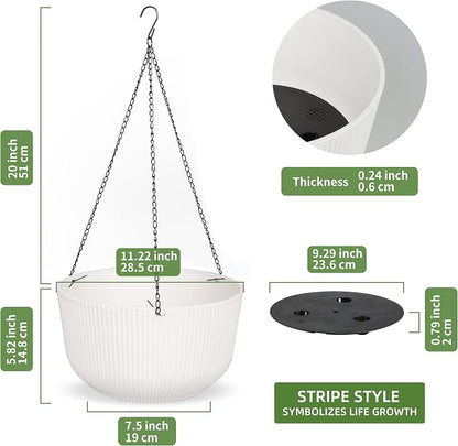 Dexceder 11.2 Inch Self Watering Hanging Planter (2 Pack, White) | Thickened Hanging Basket Flower Plant Pot Indoor Outdoor