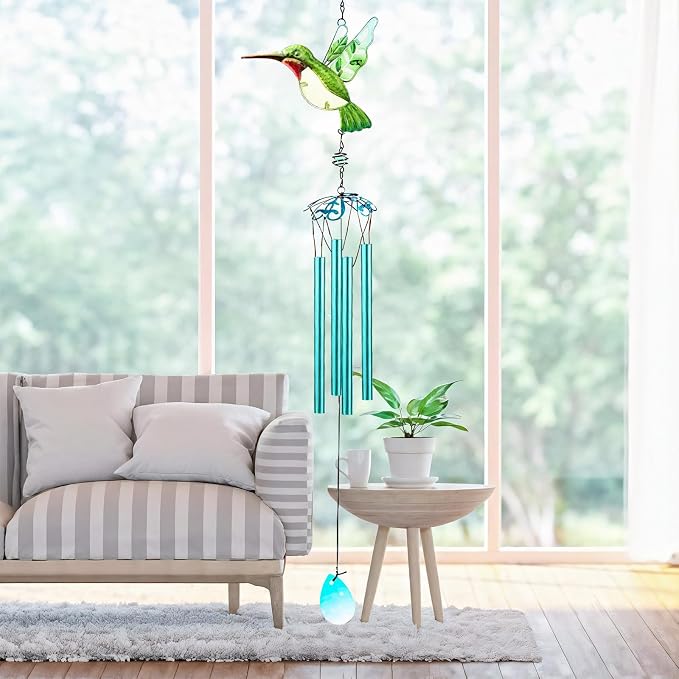 Green Hummingbird Wind Chimes, Wind Chimes for Outdoor, 26" Glass Painted Mobile Romantic Chimes, Patio, Balcony, Garden Decoration, Gifts for Mom & Women