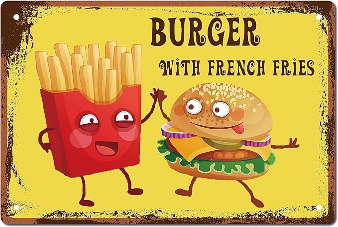 Burger with French Fries Metal Tin Sign - Vintage Beach Party Wall Decor Plaque - Fade & UV Resistant Iron Artwork for Kitchen, Bathroom, Office - Pre Drilled, Laminated Edges, HD Print12x8 inches