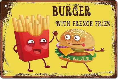 Burger with French Fries Metal Tin Sign - Vintage Beach Party Wall Decor Plaque - Fade & UV Resistant Iron Artwork for Kitchen, Bathroom, Office - Pre Drilled, Laminated Edges, HD Print12x8 inches