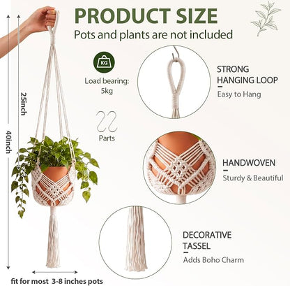 Shappy 2 Pack Boho Macrame Plant Hanger, Large Hanging Planter Plant Holder Pot Hanger Hanging Basket Wall Planters, Plants Lover Gift for Indoor Garden (Classic, White)