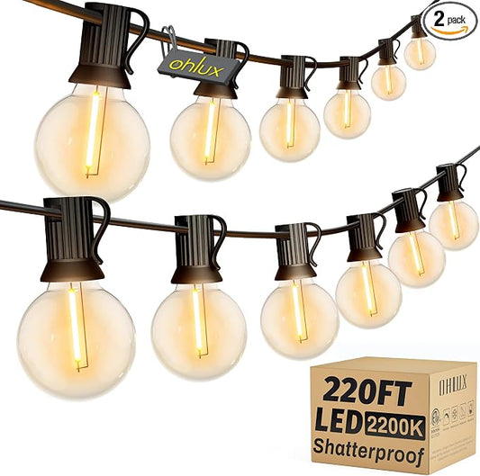 OHLUX Outdoor String Lights 220 Feet Patio Lights with 104 Edison LED G40 Globe Bulbs(4 Spares), 2200K Waterproof Connectable Edison Hanging Lighting for Backyard Balcony Outside Gazebo Party