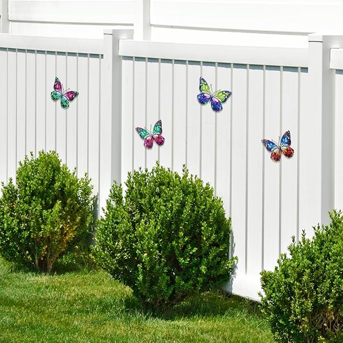 dreamskip 4 Pcs Metal Butterfly Wall Decor Art, Colorful Butterflies Outdoor Wall Art, Hand Craft Outdoor Garden Decor For Fence, Patio, Yard Decoration
