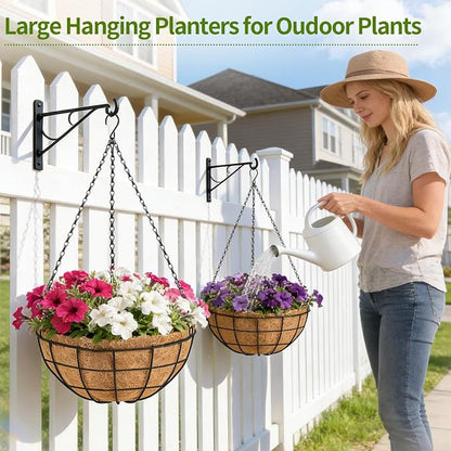 16 inch Hanging Baskets for Plants Outdoor, 4 Pack Large Hanging Planters for Outdoor Plants, Round Wire Hanging Flower Pots with Coconut Coir Liners for Garden, Deck, Porch, Balcony