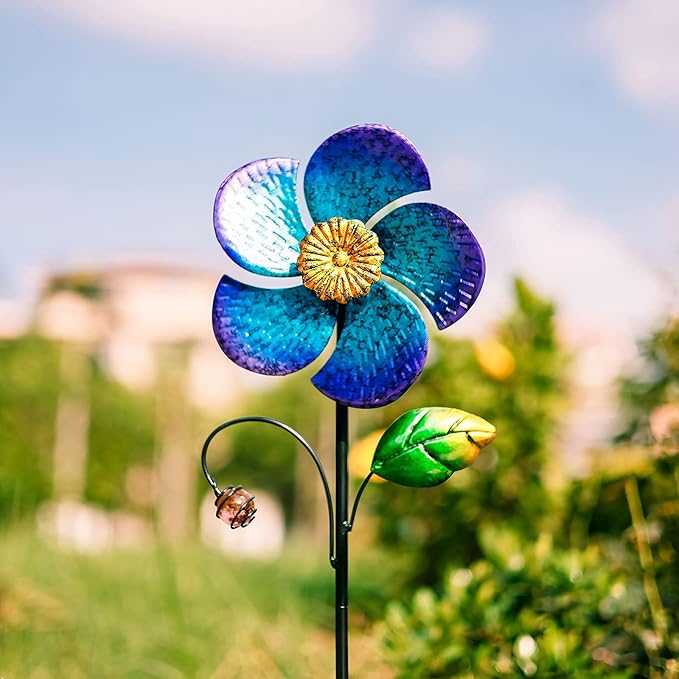 Viveta Wind Spinner with Metal Stake, Garden Pinwheels | Blue Flower Shape Design Wind Spinners for Yard Lawn Patio Decor, 28.7 inches
