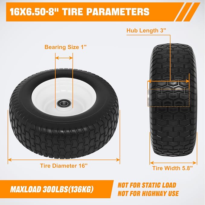 Yesker 16x6.50-8 Flat Free Lawn Mower Tire and Wheel Assembly with 1" Bearing Bore, 16x6.50-8nhs Solid Riding Lawnmower Tires with 3" Center Hub, 2 Pack