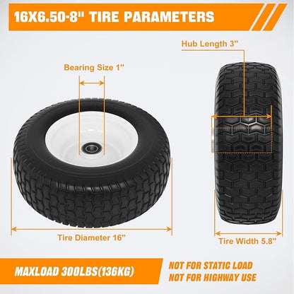 Yesker 16x6.50-8 Flat Free Lawn Mower Tire and Wheel Assembly with 1" Bearing Bore, 16x6.50-8nhs Solid Riding Lawnmower Tires with 3" Center Hub, 2 Pack