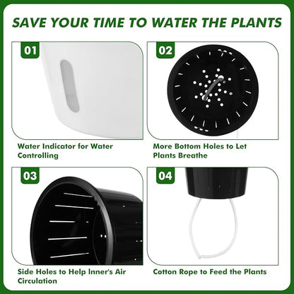 Planterhoma 5 Inch Self Watering Pots for Indoor Plants, 6 Packs African Violet Pots with Indicator, Black Wick Pot with Drainage Holes, Self Watering Planters for Orchid, Devil's Ivy, White