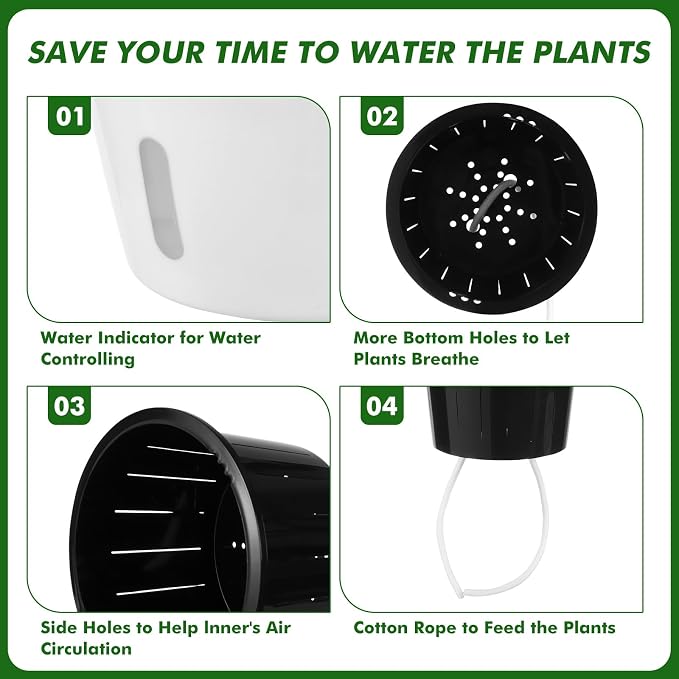 Planterhoma 5/6.7 Inch Self Watering Pots for Indoor Plants, 8 Packs African Violet Pots with Indicator, Black Wick Pot with Drainage Holes, Self Watering Planters for Orchid, Devil's Ivy, White