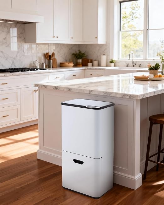 GarveeHome 16 Gallon Dual Trash Can for Kitchen, 2 Compartment Stainless Steel Garbage Can, 33L+28L Kitchen Recycling Bin with Compost Caddy, Removable Inner Bucket & Odor Control, White