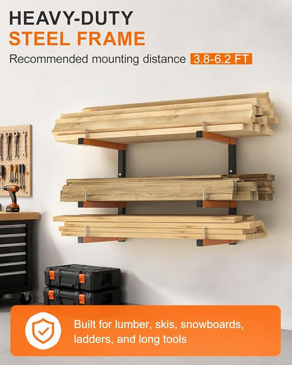 Lumber Storage Rack Wall-Mounted Lumber Racks Heavy Duty Wood Storage Rack with 6-Level Holds Up 720 LBS Sturdy Folding Garage Wood Organizer Orange Shelving Metal Shelf for Indoor & Outdoor- 4 Pack