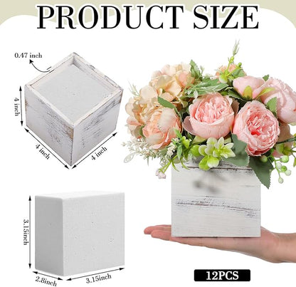 Suzile 12 Set 4 Inch Wooden Planter Box Flower Square vases for Centerpiece Rustic Cube Planter Box with Removable Foam Blocks Liner Square Vase Craft for Garden Home(White)
