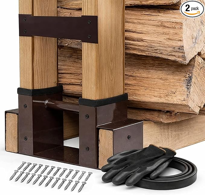 TIDYBOSS 2 Pack Firewood Rack Outdoor | 2x4 Brackets for Wood | Lumber Storage Rack Log Holder | Adjustable to any Length with Seal Strip, Gloves, Steel Plates and Screws (Dark Brown)