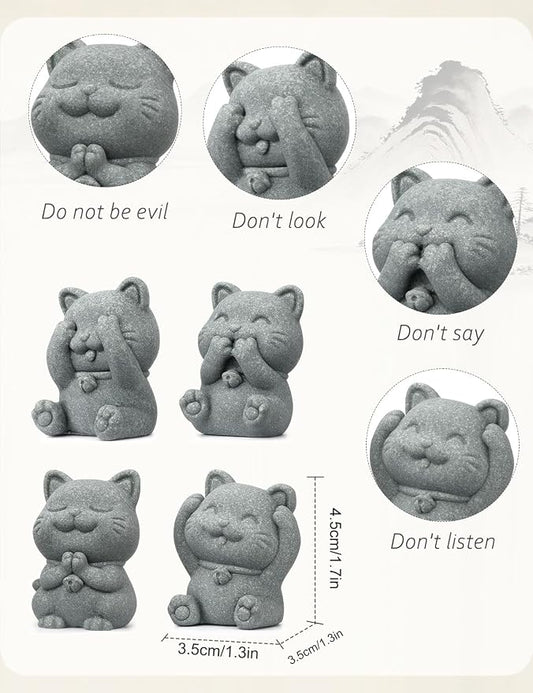 4 Piece Cute Cat Figurine Set, Sandstone See no Evil,Hear no Evil,Speak no Evil,Do no Evil Statues, Zen Desk/Garden Decor, Adorable Kitty Accents for Home Office